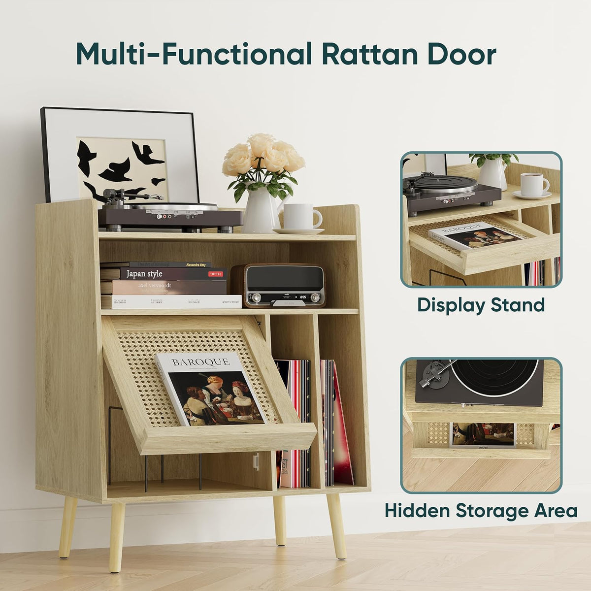 Semiocthome Record Player Stand with Vinyl Storage, Record Player Table with Storage Shelf, Turntable Stand with Rattan Cabinet Door, Side Table with Solid Wood Legs for Turntables for Living Room