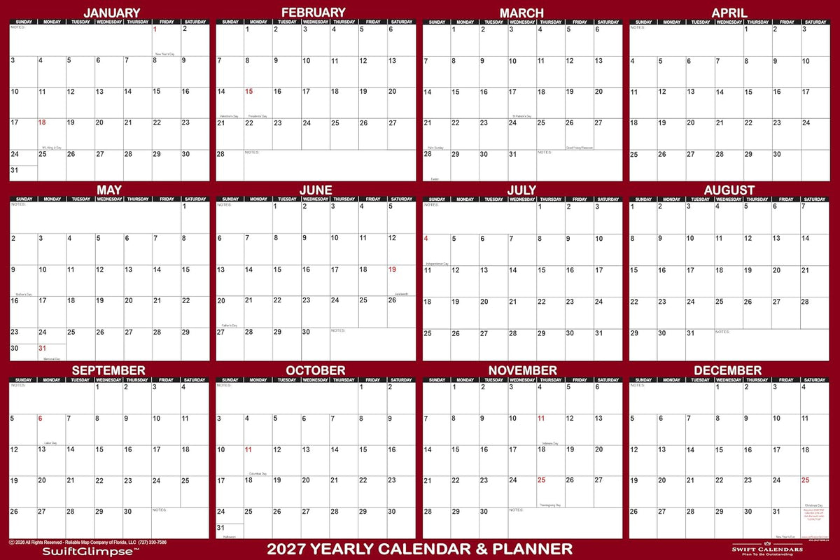 32" x 48" SwiftGlimpse 2027 Wall Calendar Erasable Large Wet & Dry Erase Laminated 12 Month Annual Yearly Wall Planner, Reversible, Horizontal/Vertical, Burgundy