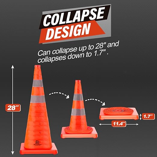 RoadHero 28 Inch 6 Pack Collapsible Traffic Safety Cones, Multi Purpose Pop-up Cones with Reflective Collar for Road Safety, Orange Cones for Driving Training, Parking Lots