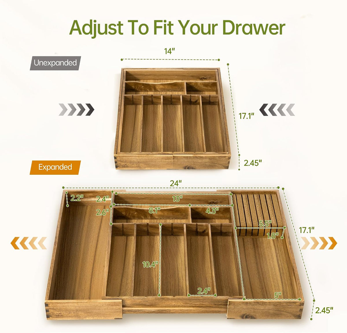 Acacia Expandable Silverware Drawer Organizer, Removable Knife Block
