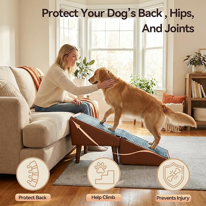 Dog Ramp for Dogs and Cats, 16" W 2-in-1 Split Ottoman Dog steeps for Bed,Solid Wood, Gentle 23 Incline, Foldable Pet Stairs for Large and Small Dogs (Brown)