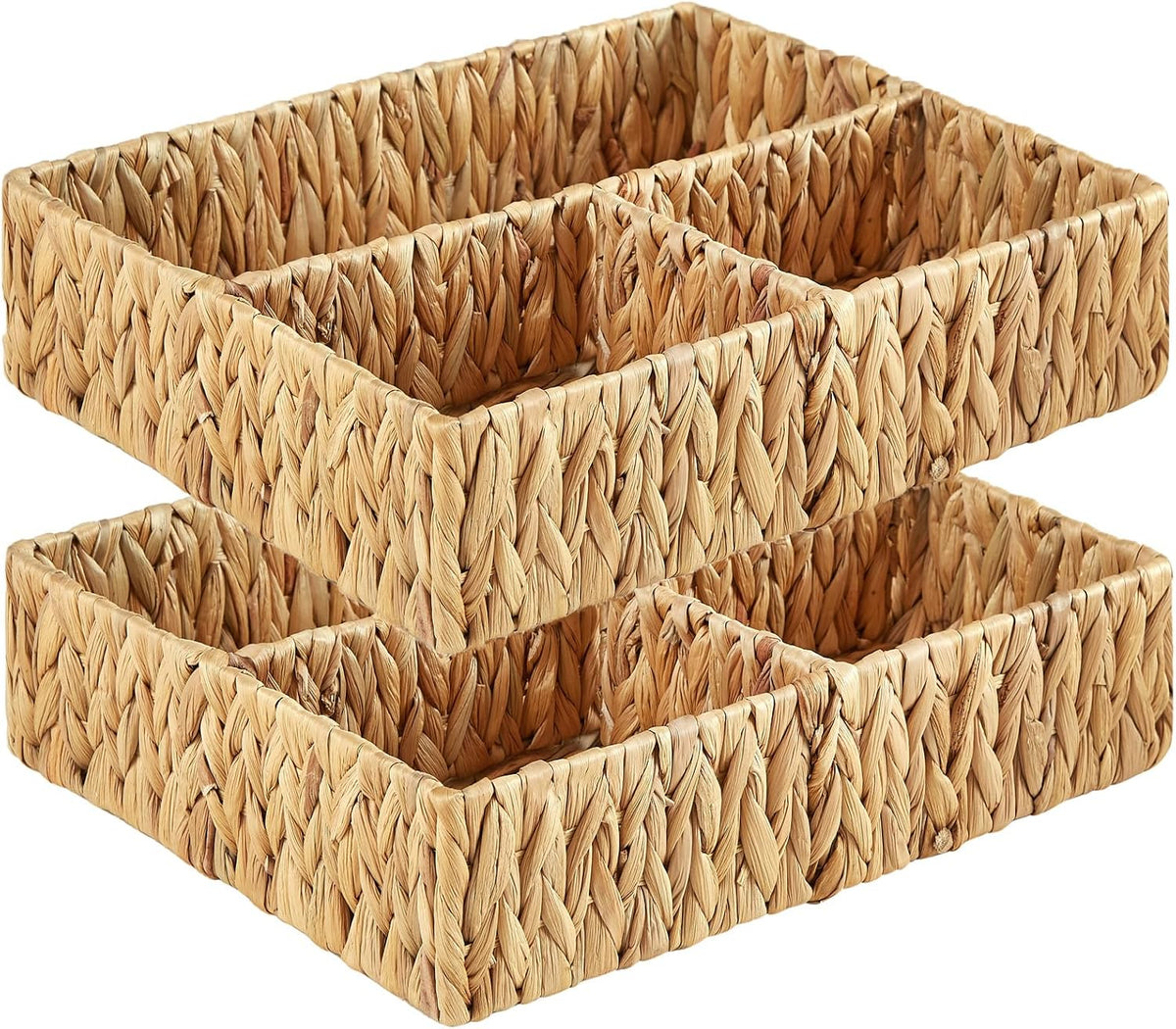Vagusicc Wicker Divided Storage Basket, Hand-Woven Water Hyacinth Wicker Baskets, Basket for Drawer Organizing, 3 Section Rectangular Woven Storage Baskets, 2-Pack
