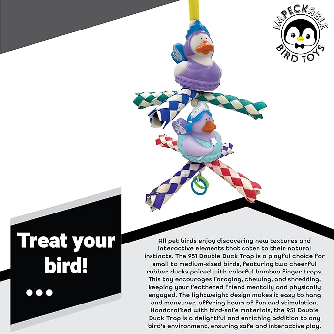 951 Double Duck Trap Bird Toy with Rubber Ducks Bamboo Finger Traps and Plastic Rings – Handcrafted Great for Small to Medium Size Birds