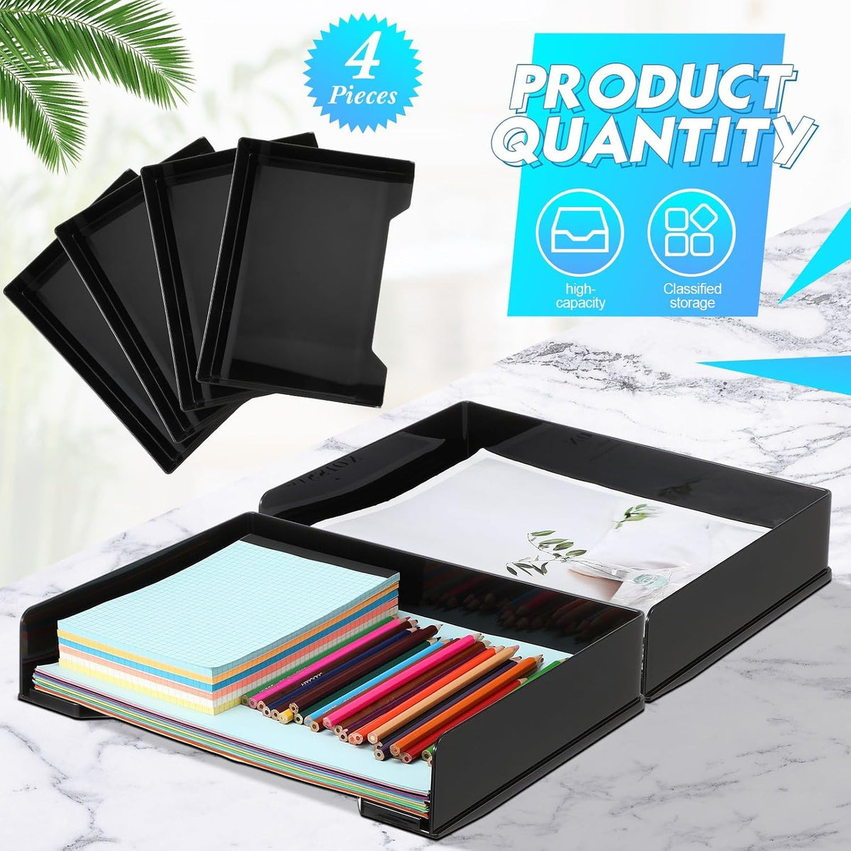 DoubleFill 4 Pcs Stackable Letter Tray Plastic Paper Tray, Black