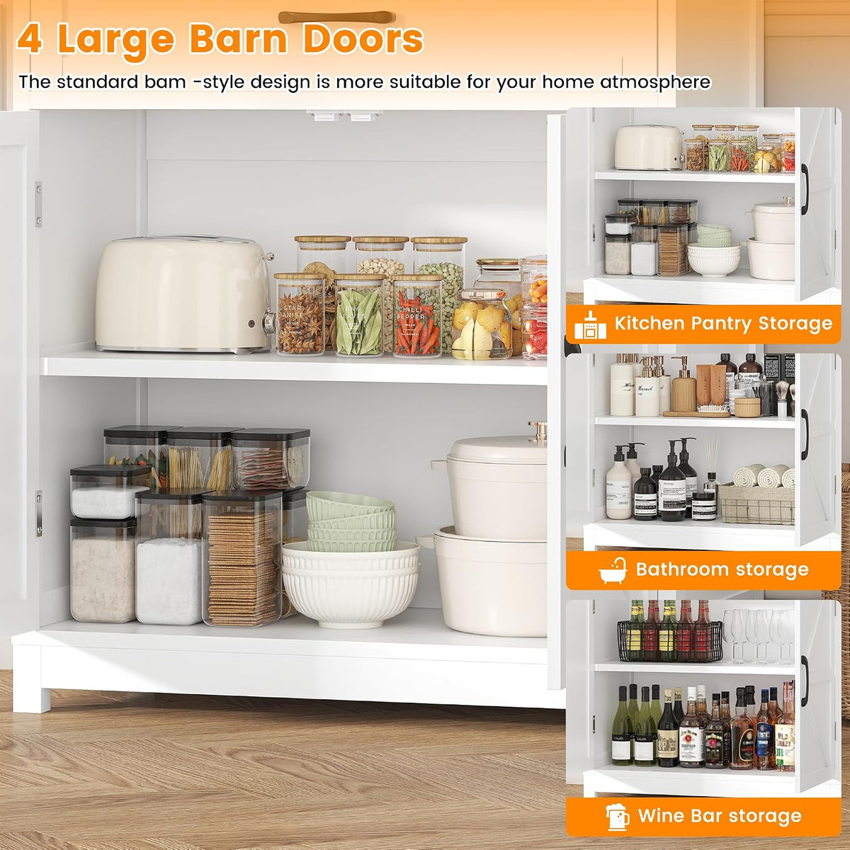 Saudism 70" Tall Farmhouse Kitchen Pantry Cabinet, Wooden Storage Cupboard with Barn Doors, Drawers & Cup Holder, Microwave Stand for Dining Room, White