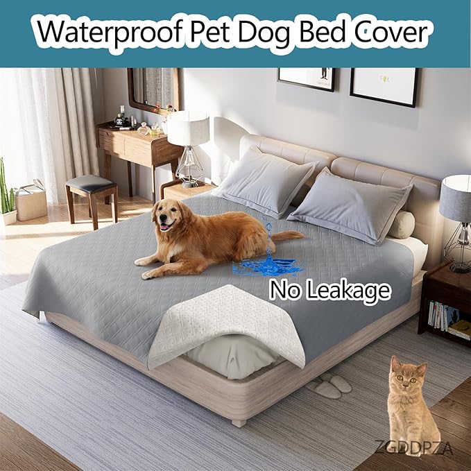Dog Bed Cover Waterproof Microfiber Quilted Mattress Cover Pet Mat Silicon Non Slip 9 Size Furniture Protectors for Bed Sofa Couch (208 x 244 cm/82 x 96 in,Light Gray)