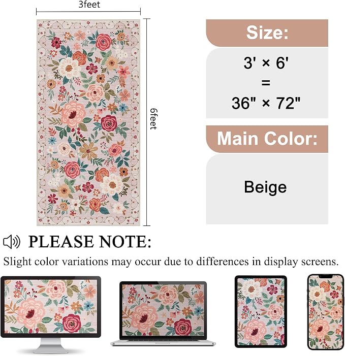 DUKINO 3x6 Runner Rug, Washable Soft Floral Hallway Runner Rug
