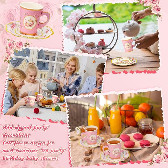 Tioncy 100 Pcs Tea Party Decorations Include 50 Pieces 9 oz Paper Tea Cups