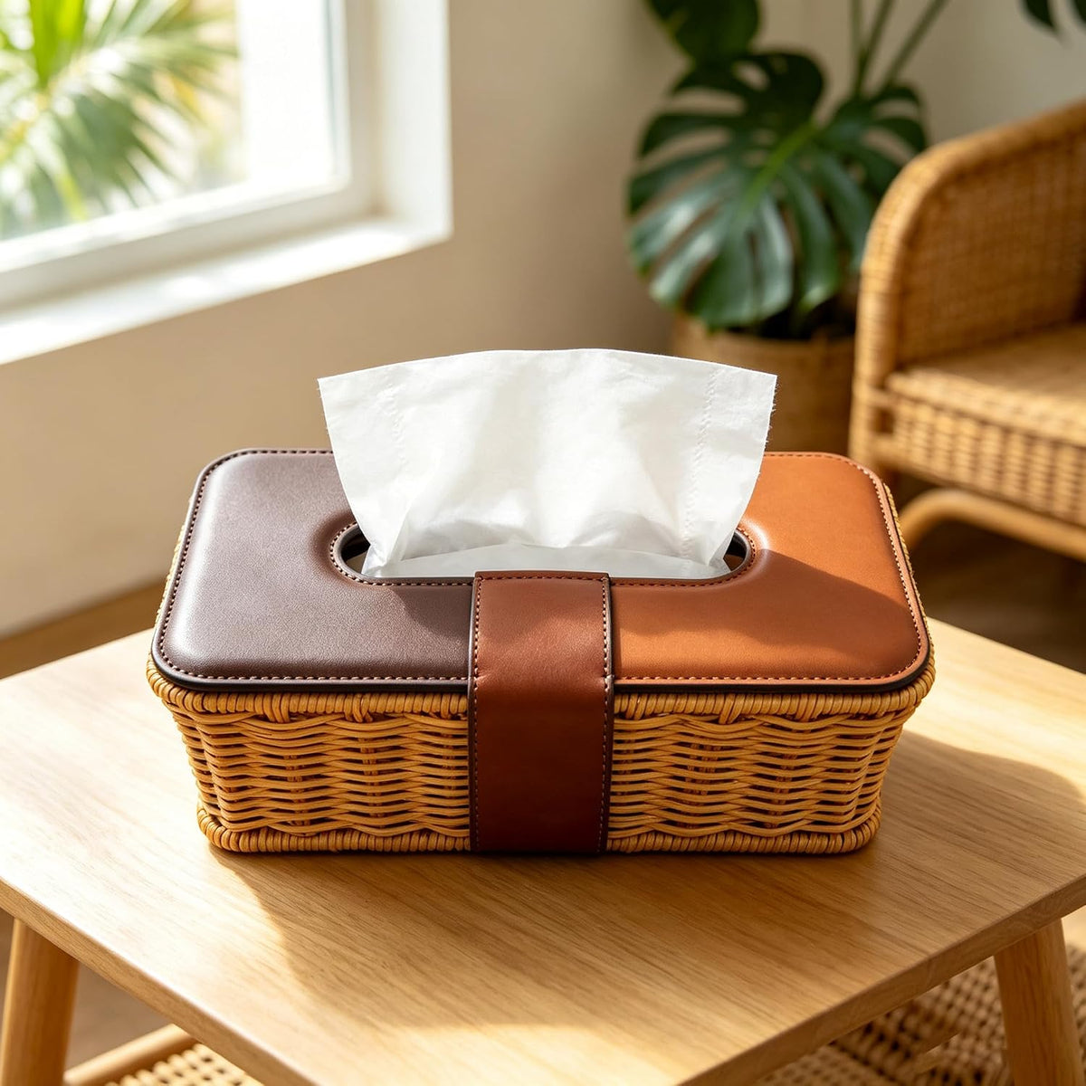 Handmade Rattan Tissue Box Holder with PU Leather Lid