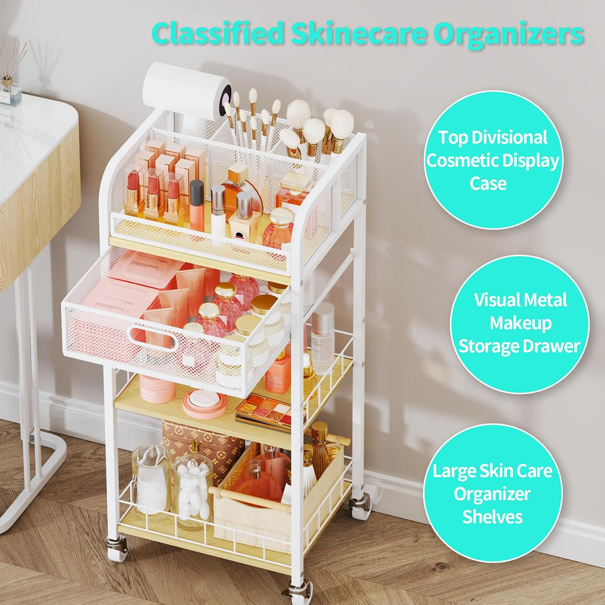 HapiRm Makeup Organizer Storage Cart - Floor Skincare Make Up Organizers with 4 Drawers, Rolling Makeup Cart Vanity Organizer Cosmetics Display Cases Holder for Skin Care Nail Polish Pure White
