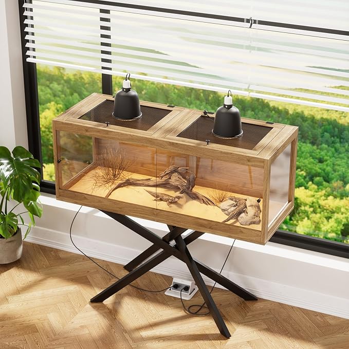 80 Gallon Bearded Dragon Tank with Stand & 2 Dimmable Reptile Light Fixtures, Front Sliding Door Tempered Glass Reptile Habitat with Mesh Top for Snakes/Lizards/Geckos/Tortoises (Bulbs Not Included) ﻿