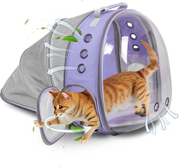 Cat Backpack Carrier Back Expandable Bubble Pet Carrier Backpack for Large Cat, Kitten and Dog, Designed for Hiking, Travelling and Outdoor Use (Back Expandable-Purple)