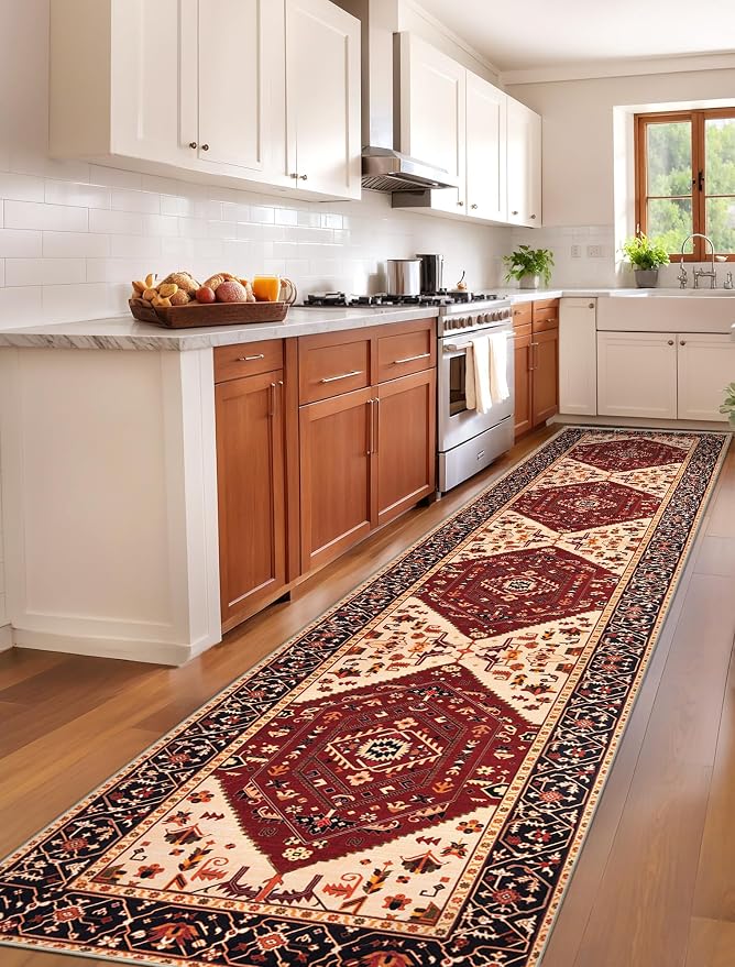 SERISSA Runner Rug for Hallways, Extra Long Boho Rug Ultra Soft Vintage Red
