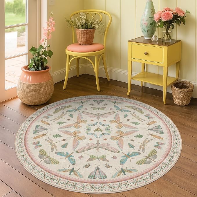 Boho Light Pink Round Rugs for Kids Bedroom - 4 ft Unique Circle Area Rugs for