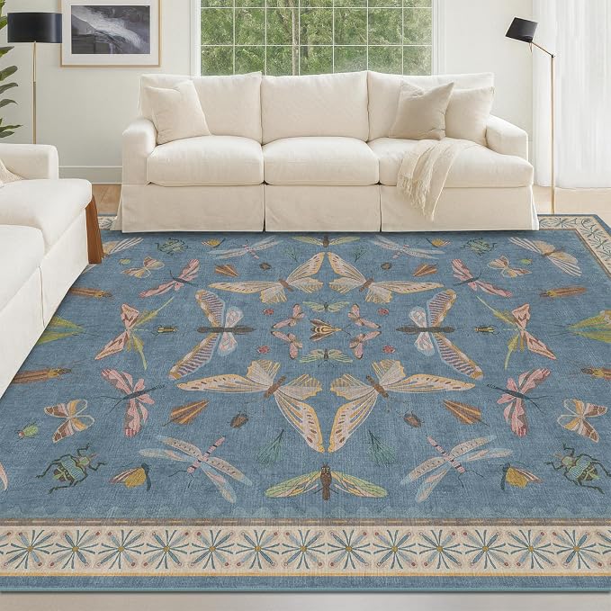 Blue Washable Kids Playroom Rug