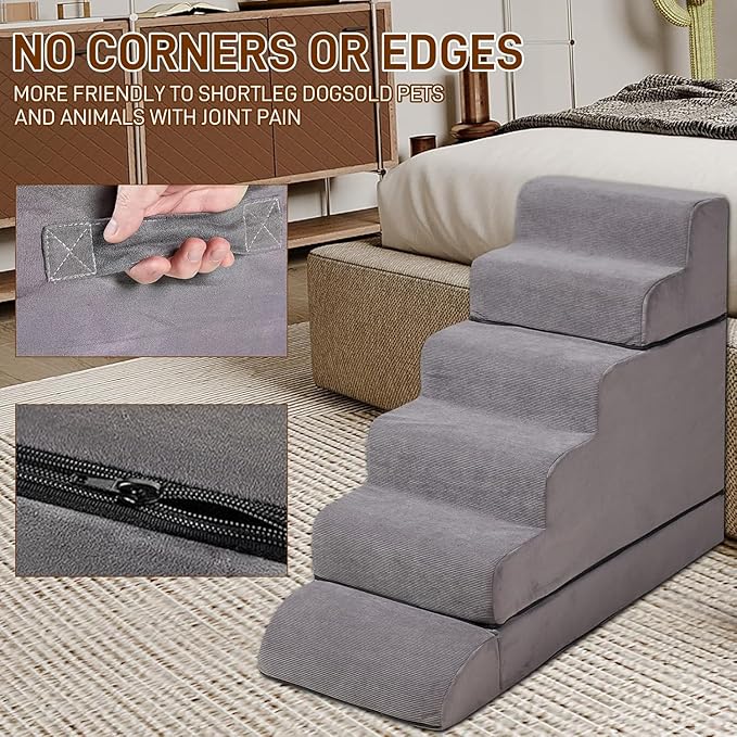 Dog Stairs for High Beds Up to 24-30"，Non-Slip 6 Steps Pet Stairs for Small Medium Dogs & Senior Cat，Washable Cover