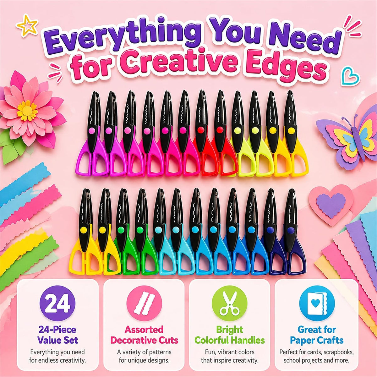 24 Pack Decorative Edge Craft Scissors, 12 Patterns, 6.5 Inch
