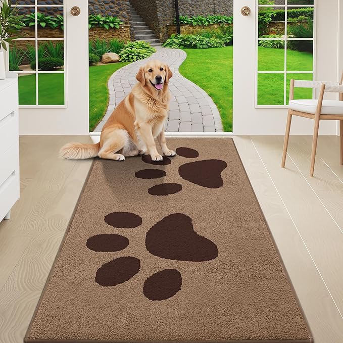 Buganda Dog Door Mat for Muddy Paws, Absorbent Dirt Trapper Washable Indoor Doormats, Non Slip Low-Profile Mud Mat for Dogs, Front Entrance Doormat for Inside Floor (59x24 Inches, Beige)