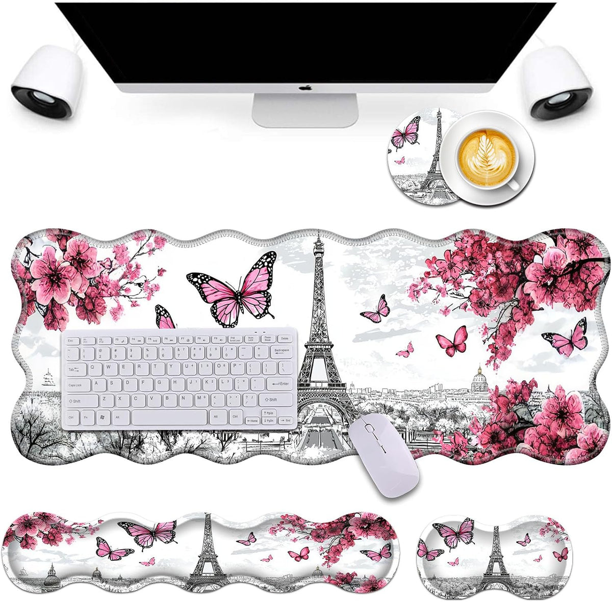 Bxgolkgd Desk Mat Set,Mouse Pad with Keyboard Wrist Rest & Mouse Wrist Rest,Wave-Shaped Design,Non-Slip Rubber Base,Ergonomic Desk Mat for Home,Office,Gaming,Butterfly Eiffel Tower