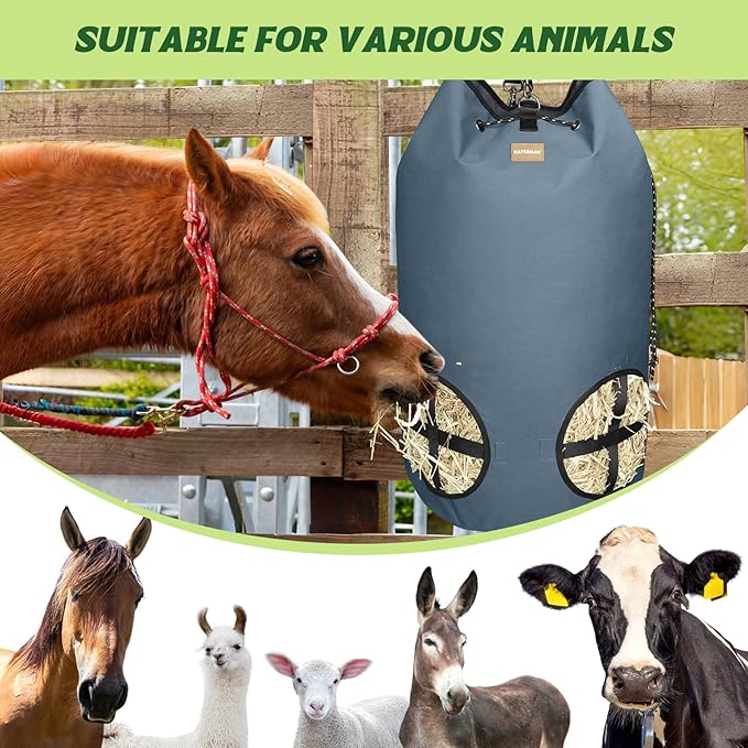 Hay Bags for Horses,4 Holes Slow Feeder Hay Bags for Goats,Sheep,Donkeys,Large Capacity Hay Feeder with Adjustable Top Opening for Easy Filling(Grey)