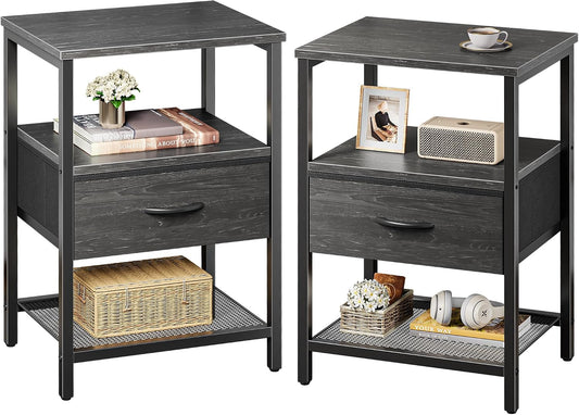 Huuger Nightstand Set of 2, Night Stand with Fabric Drawer, Mesh Shelf