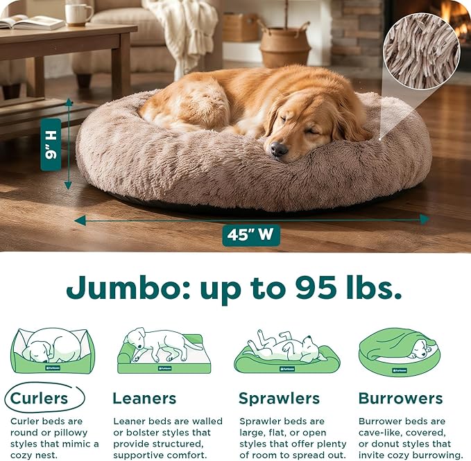 Furhaven 45" Round Calming Donut Dog Bed for Large Dogs, Refillable w/ Removable Washable Cover, For Dogs Up to 90 lbs - Shaggy Plush Long Faux Fur Donut Bed - Taupe, Jumbo/XL