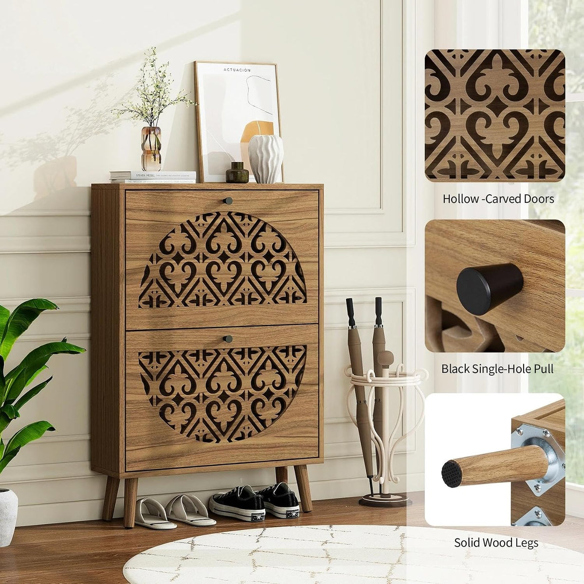 6.7"Ultra-Slim Concealed Shoe Storage Cabinet 2 Flip Drawers Walnut