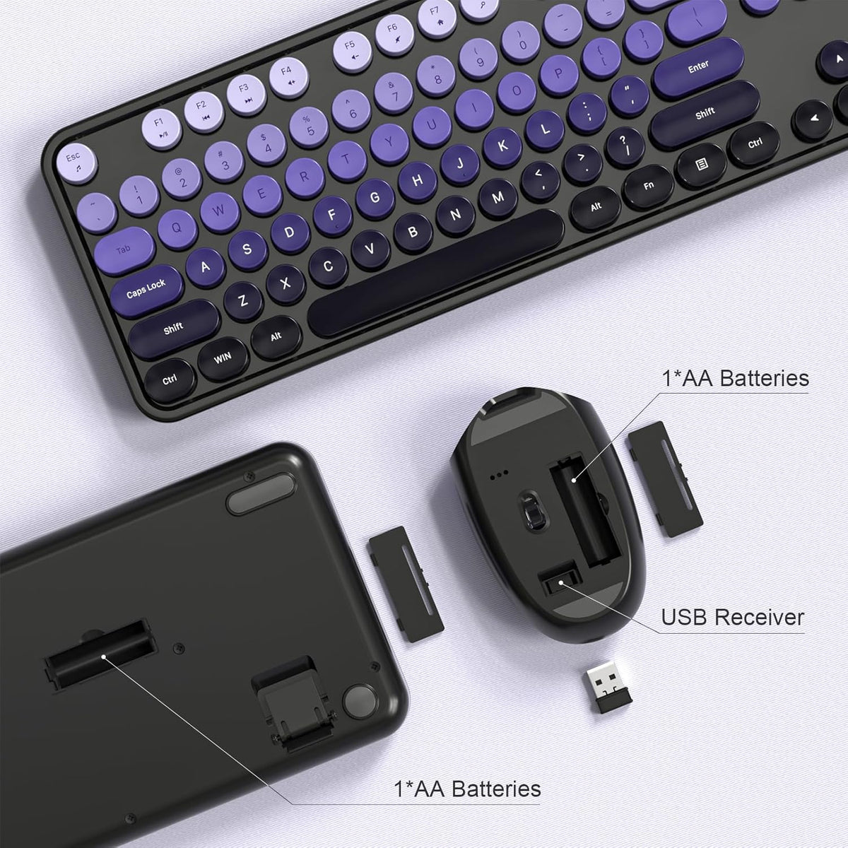 Dilter Wireless Keyboard and Mouse Combo, 104 Keys Full-Sized Typewriter Keyboards, 2.4 GHz USB Receiver Plug and Play for Windows, PC, Laptop, Desktop (Black Purple)