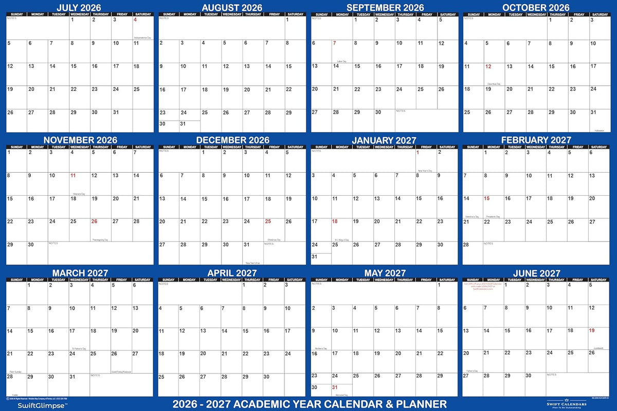47" x 72" SwiftGlimpse 2026-2027 Academic Wall Calendar Erasable Large Jumbo Oversized Wet & Dry Erase Laminated 12 Month Planner, July 2026 to June 2027 ONLY - NAVY