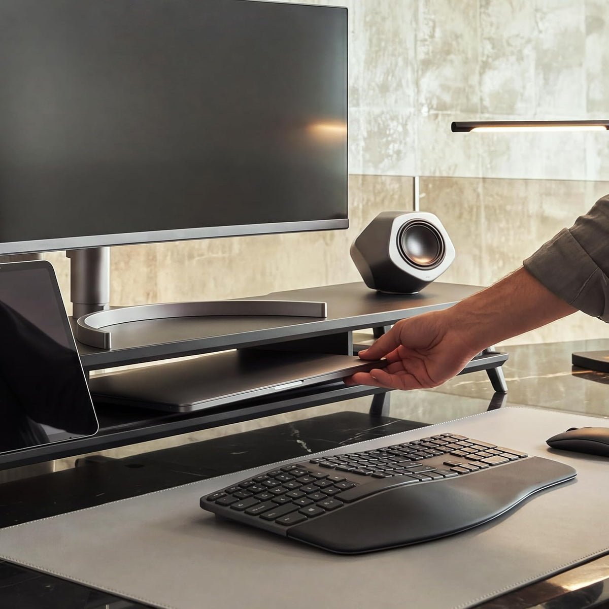 Fenge Dual Monitor Stand Riser, Wooden Desk Shelf with 2-Tier Storage