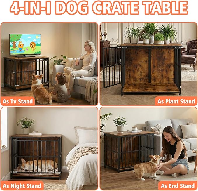31.5" Dog Crate Furniture with Flip Door, Wooden Dog Kennel Indoor, Heavy Duty Pet Cage for Small Medium Dogs, Double Door Pet House End Table, Rustic Brown