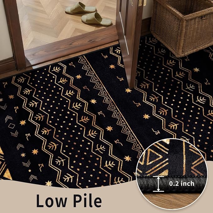 SERISSA 4x6 Area Rugs for Living Room, Washable Non-Slip Black and Gold Boho Rug