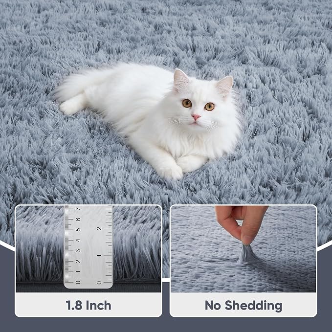 Area Rug for Living Room Bedroom: 8x10 Grey Soft Fluffy Shag Upgrade Non-Slip
