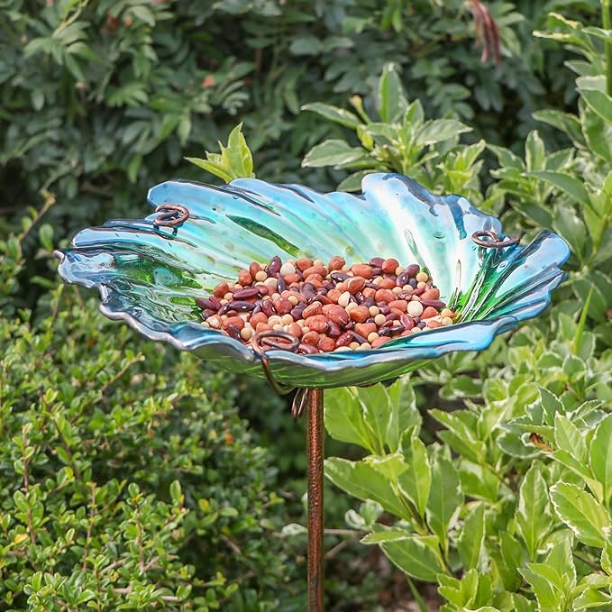 MUMTOP Glass Bird Baths for Outdoors, Garden Bird Bath Bowl with Metal Stake Birdbaths for Outside Yard Outdoor, Green