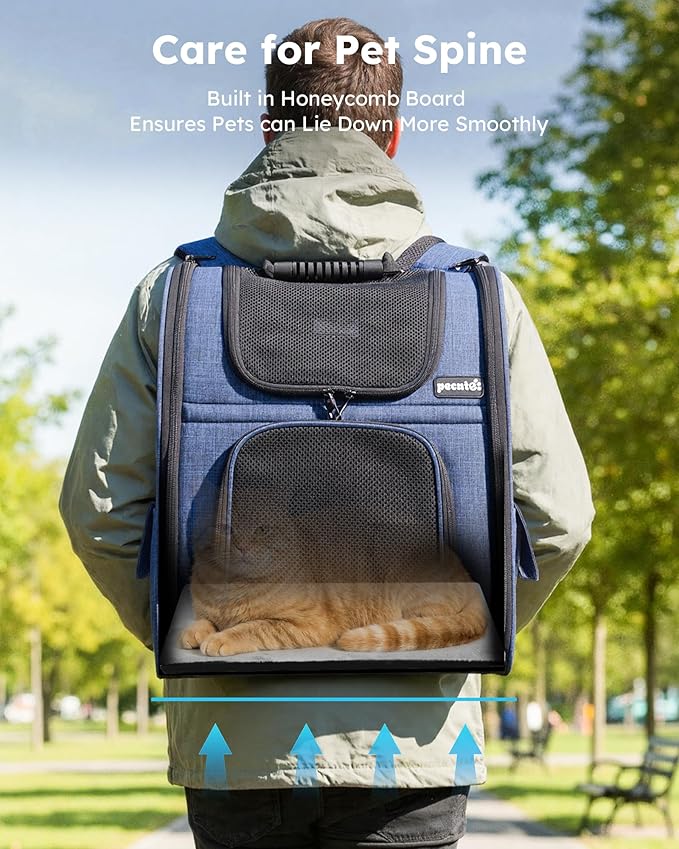 Pecute Cat Backpack Carrier Expandable, Pet Backpack for Cats & Small Dogs Up to 11lbs, with 4-Side Breathable Mesh, Multi-Entry & Lockable Zippers for Travel, Hiking, Camping - Hands Free, Blue