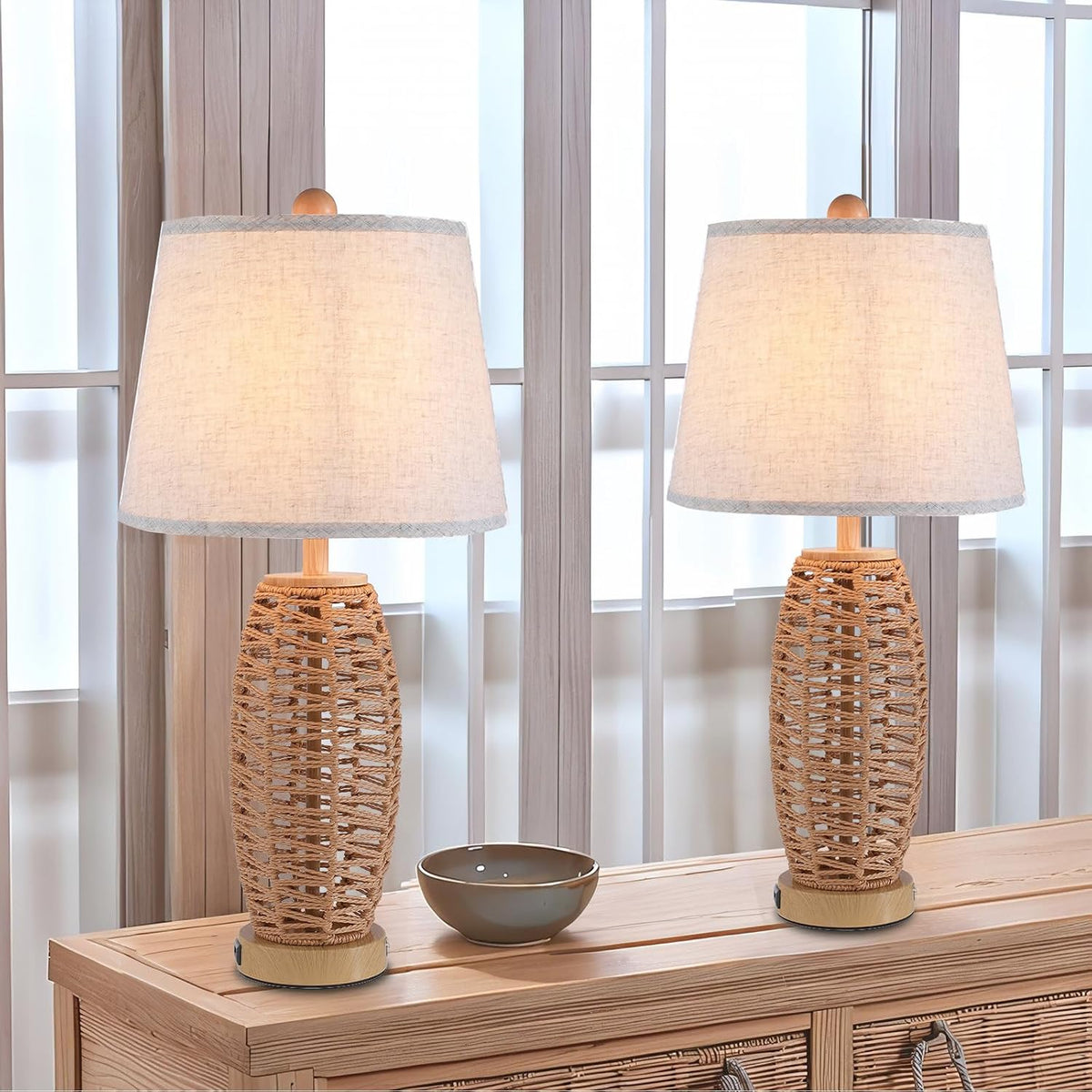 27" Rattan Table Lamps Set of 2, Touch Switch Nightstand Bedside Lamps with 2 USB Ports, Oatmeal Lampshade Wicker Lamp, Farmhouse Table Lamp for Living Room,Bedroom,Room Decor,End Table,Retro,Brown