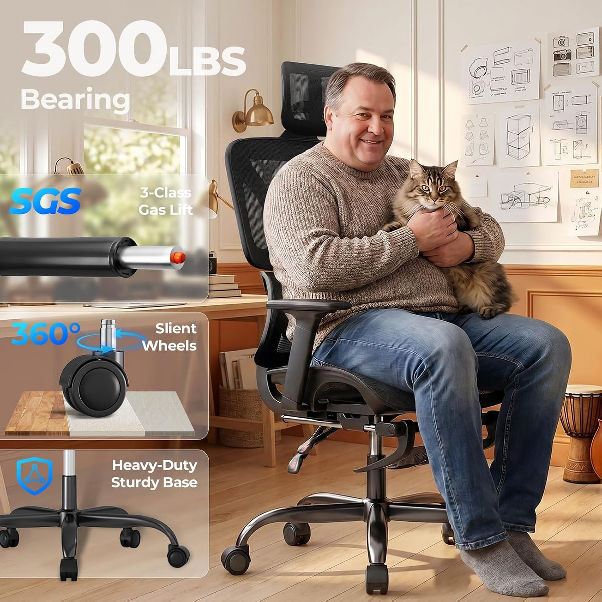 HLDIRECT Ergonomic Office Chair with Footrest, 135° Recline&Lumbar Support