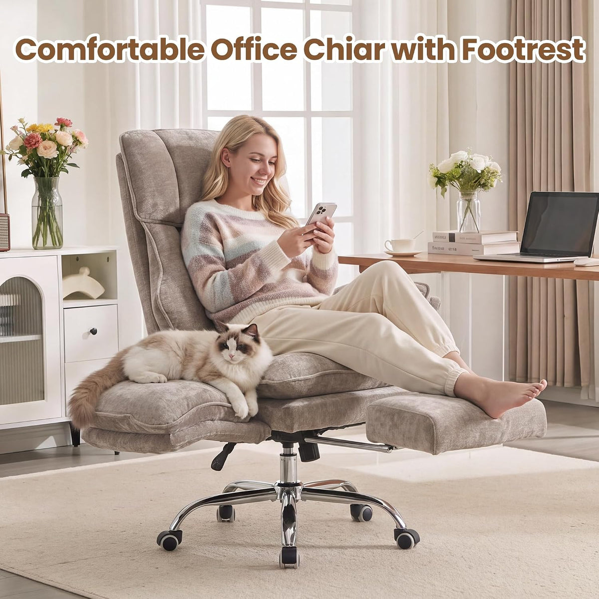 Big and Tall Office Chair with Flip Arms and Footrest, Chenille Criss Cross Legged Home Office Desk Chair with Pet Seat, Comfy Reclining Computer Gaming Chair, Khaki