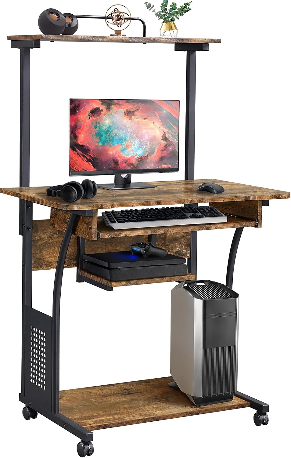 Topeakmart 2-Tier Rolling Desk with Printer Shelf & Keyboard Tray, Rustic Brown
