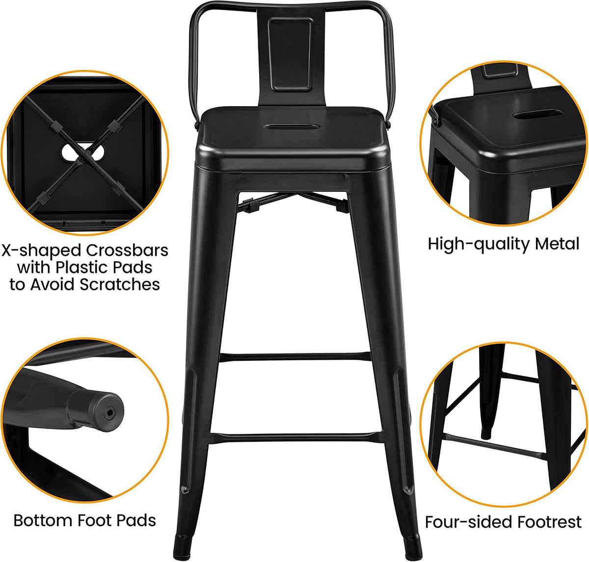Yaheetech 26 Inch Metal Bar Stools Set of 4 Bar Chairs with Low Back, Black