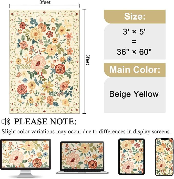 DUKINO 3x5 Area Rug, Floral Rugs