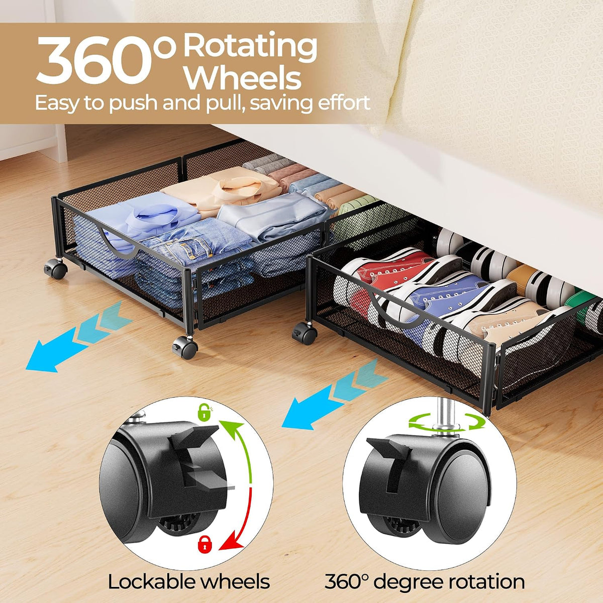 Yecaye Under Bed Storage with Wheels, 4 Pack Under Bed Shoe Storage, Black
