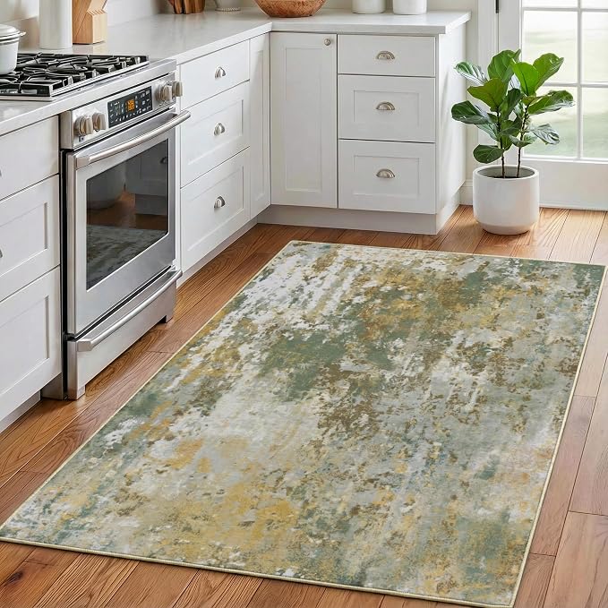Entryway Rug 3x5 Green Door Mat Indoor Entrance 36x60, Washable Small Throw Rugs