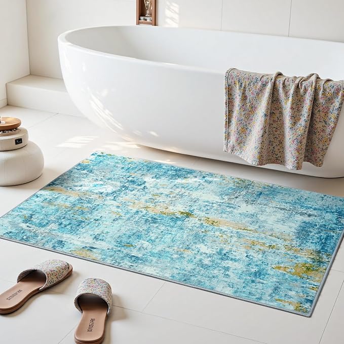Entrance Rugs Indoor 2x3 Teal Blue Entry Rug Washable Abstract Small Area Rug