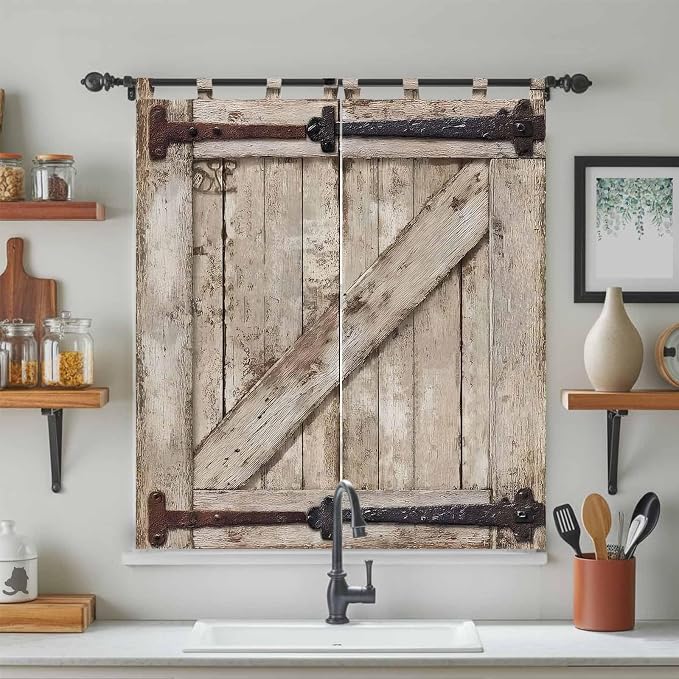 Farmhouse Wood Grain Bedroom Curtains 72 Inch Length, Window Curtains Tab Top