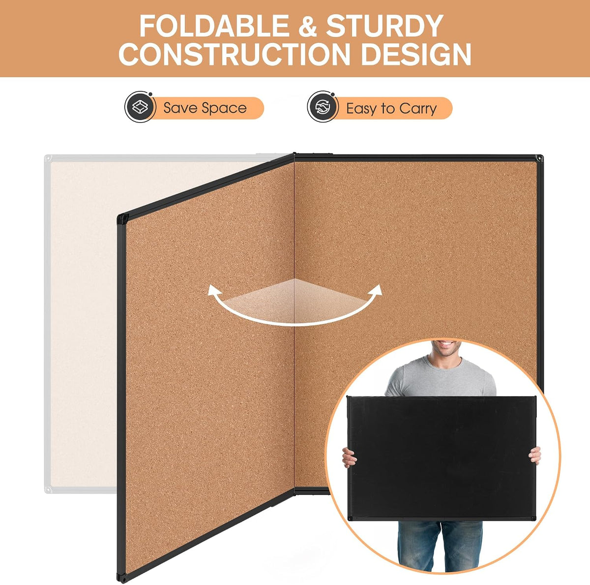 Cork Board Bulletin Board 36 x 48, Foldable Notice Pin Board for Wall, Black Aluminum Framed 4x3 Corkboard, Large Wall Mounted Office Board with 36 Push Pins for School & Home