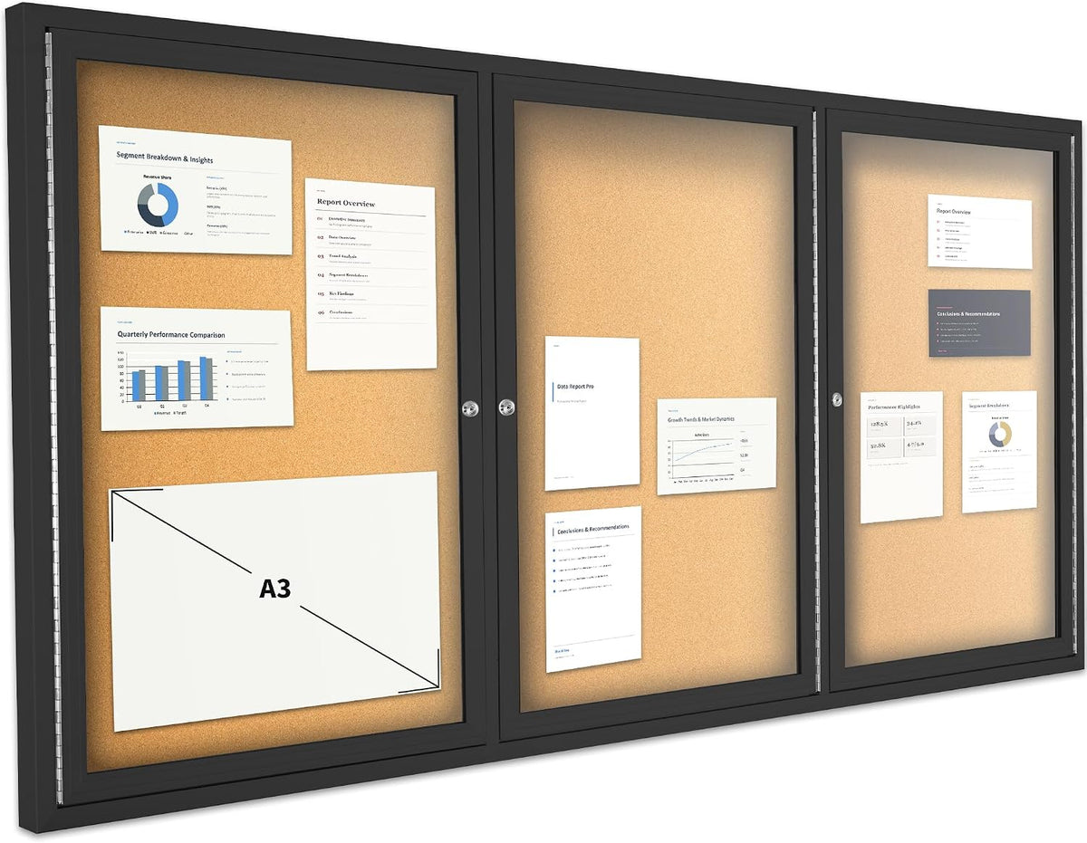 Lockable Enclosed Bulletin Board, 71 x 36 Inch 3-Door Cork Board Display Case with Acrylic Doors and Aluminum Frame, Large Wall Mounted Bulletin Board for School, Office, Church, Community