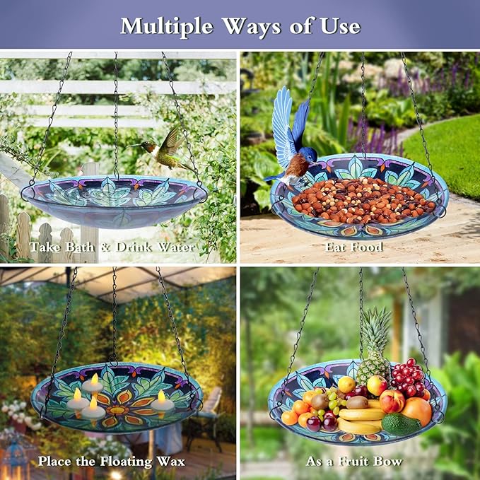 MUMTOP Hanging Bird Bath - Bird Baths for Outdoors, 11 Inch Glass Bird Bath Bowl Outdoor Bird Feeders for Garden Yard and Patio Decor