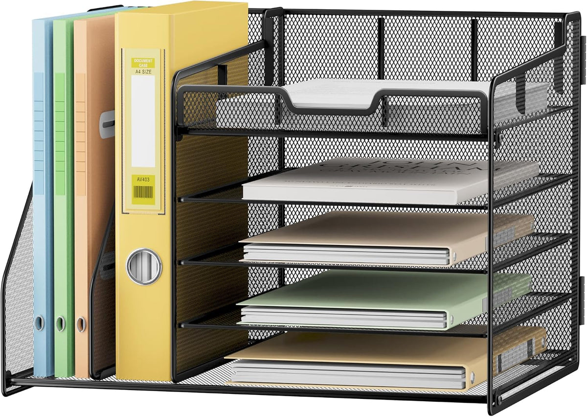 Lavatino Desk Organizer, 5-Tier Metal Mesh Paper Letter Tray with 2 File Holders & 7 Flexible Dividers for Office or Home Desk Organizers and Accessories, Keep Workspace Supplies Neat, Black