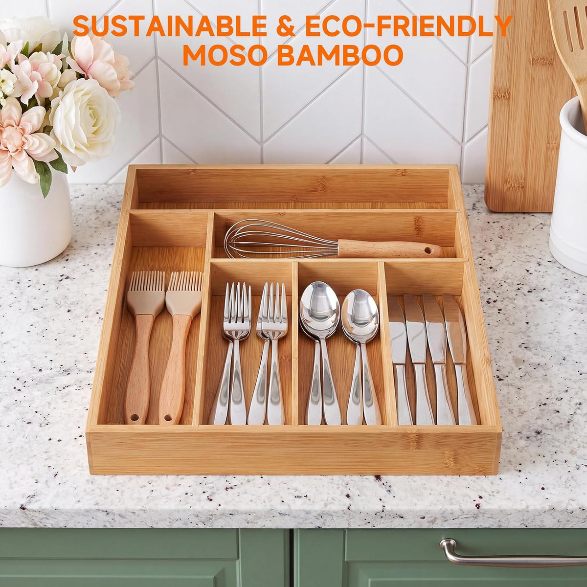 2-Piece Set Bamboo Silverware Drawer Organizer